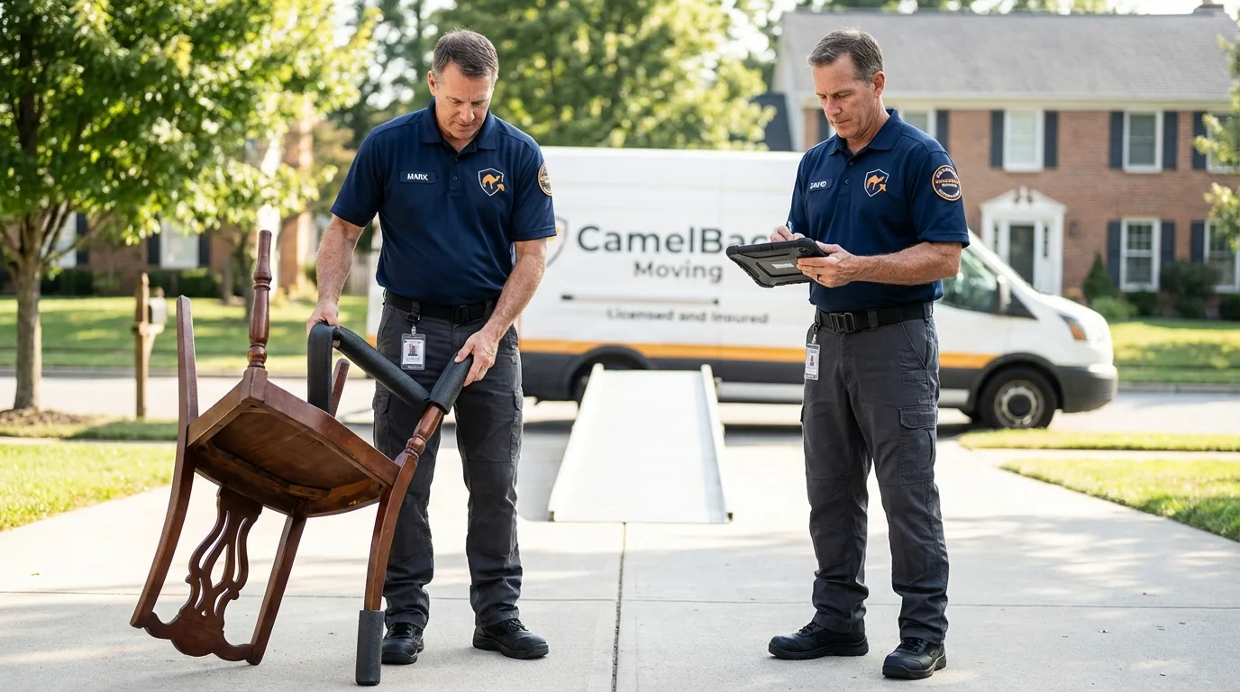 Movers inspecting furniture for damage prevention before loading in Prospect Heights, IL