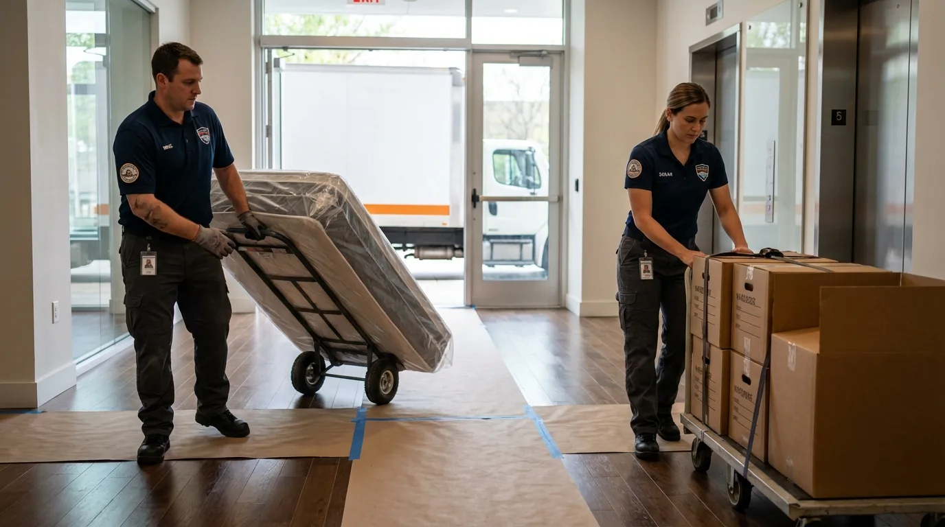 Professional apartment movers loading elevator in Prospect Heights, IL